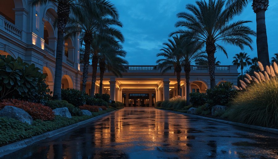 Hospitality property entrance at dusk